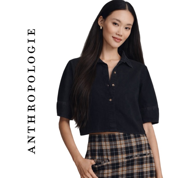 Anthropologie Pilcro Lantern-Sleeve Collared Crop Blouse